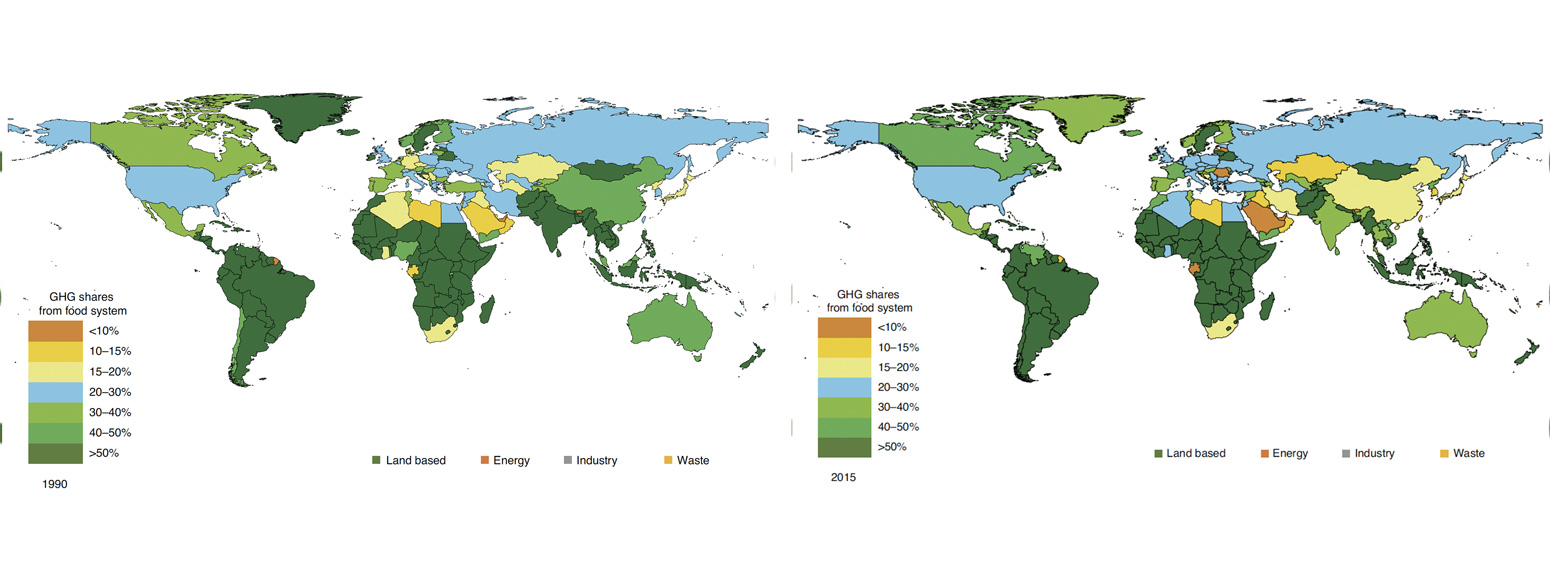 The share of greenhouse gas emissions from food systems as a fraction of total emissions for each country in 1990 and 2015