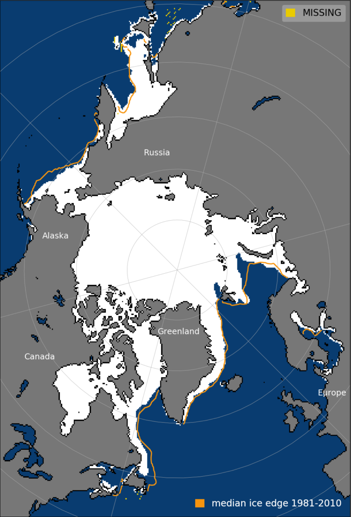 Average Arctic sea ice extent for March 2021. The orange line shows the 1981-2010 average extent for that month.