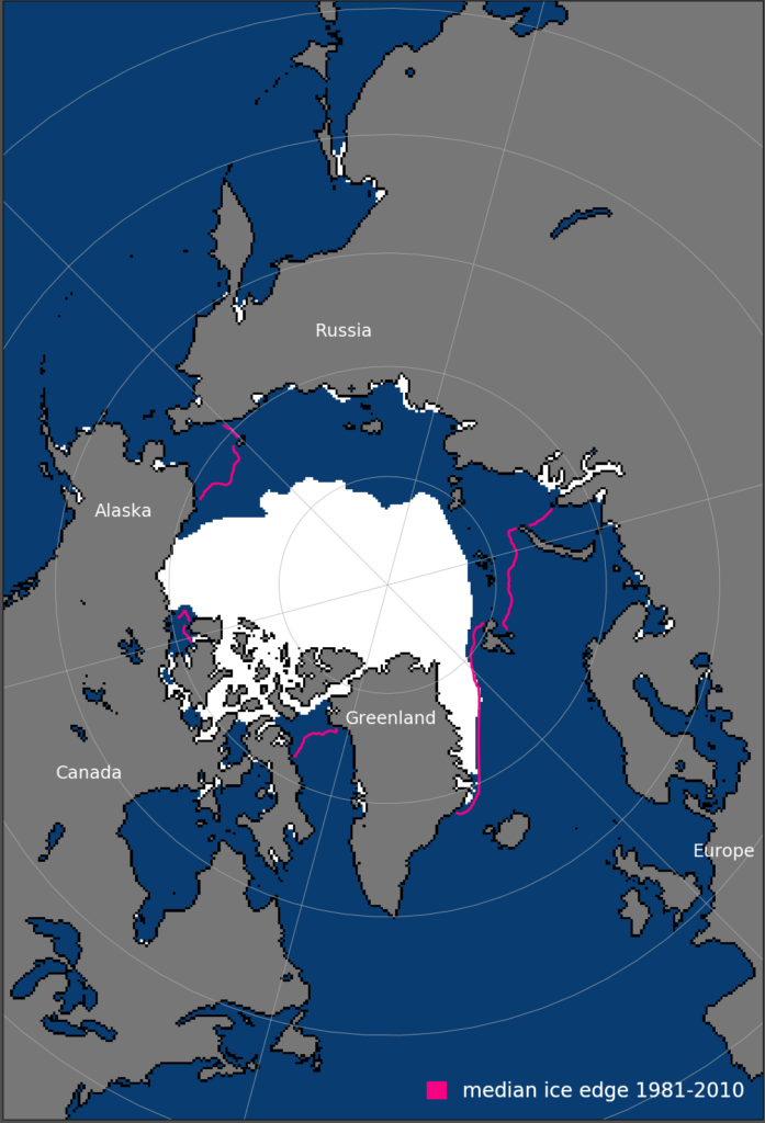 Average Arctic sea ice extent for October 2020. The pink line shows the 1981-2010 average extent for that month.