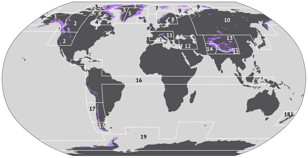 Map showing locations of the glaciers analysed in this study in purple.
