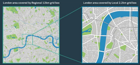 Maps of London comparing the size of 12km and 2.2km climate model grid boxes