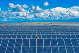 A man checks panels on a solar farm in South Africa