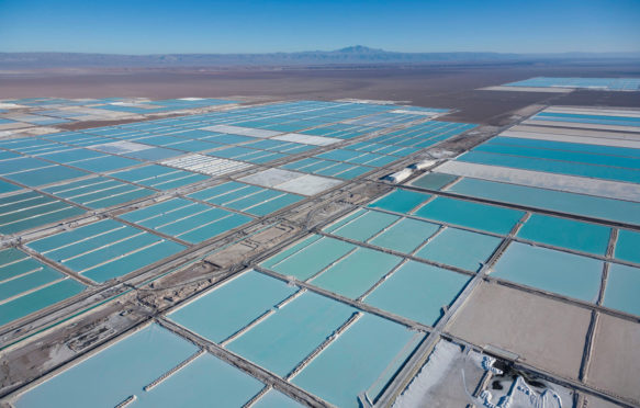 Evaporation ponds of the Sociedad Quimica Mineral de Chile lithium mine in Salar de Atacama