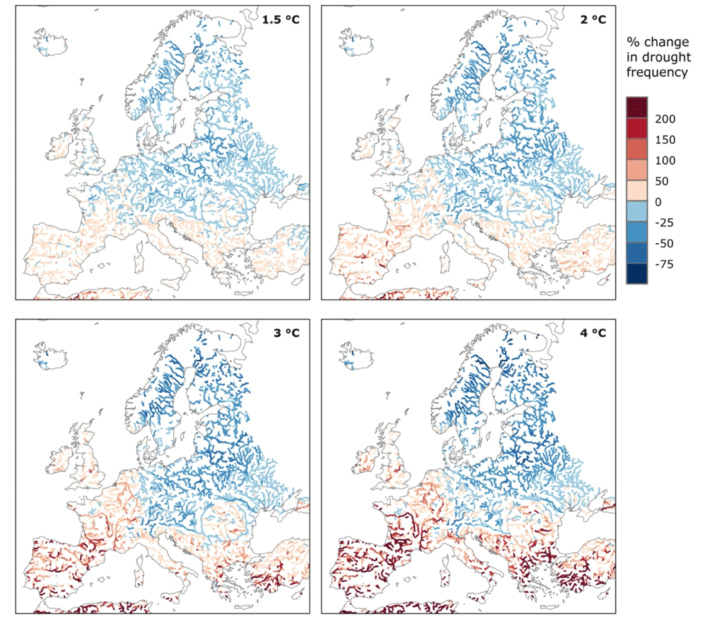 Expected change in average relative streamflow in European rivers at 1.5 2C 3C and 4C warming compared to a 1981-2010 baseline