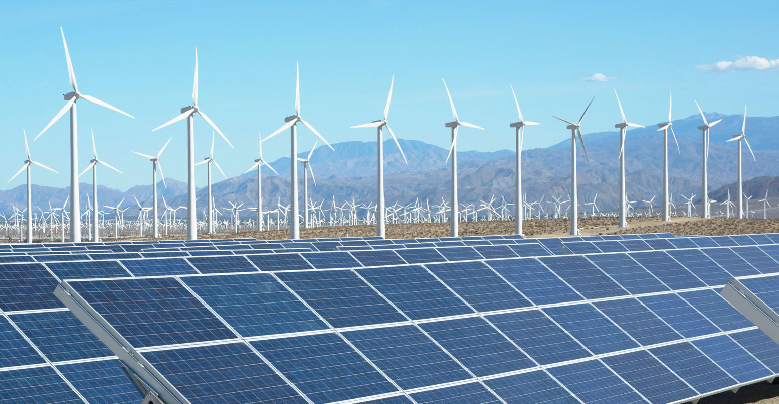 Photovoltaic solar panels and wind turbines, San Gorgonio Pass Wind Farm California