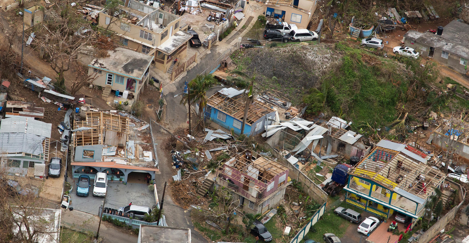 Aerial view of houses in Puerto Rico without roofs due to the strong winds brought by Hurricane Maria