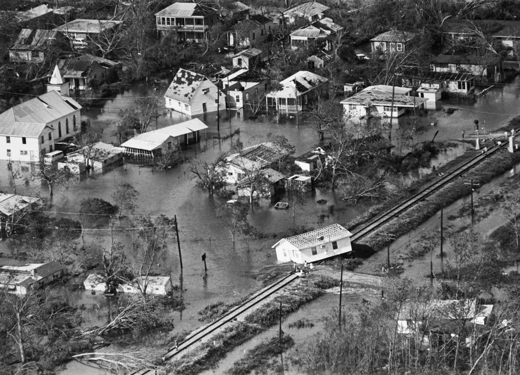 Aerial view of Gulfport, Mississippi, showing flooding in the aftermath of Hurricane Camille 1969