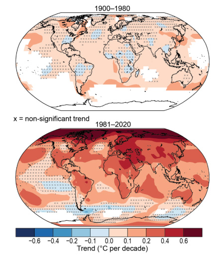 Temperature changes for the periods 1900-80 and 1981-2020