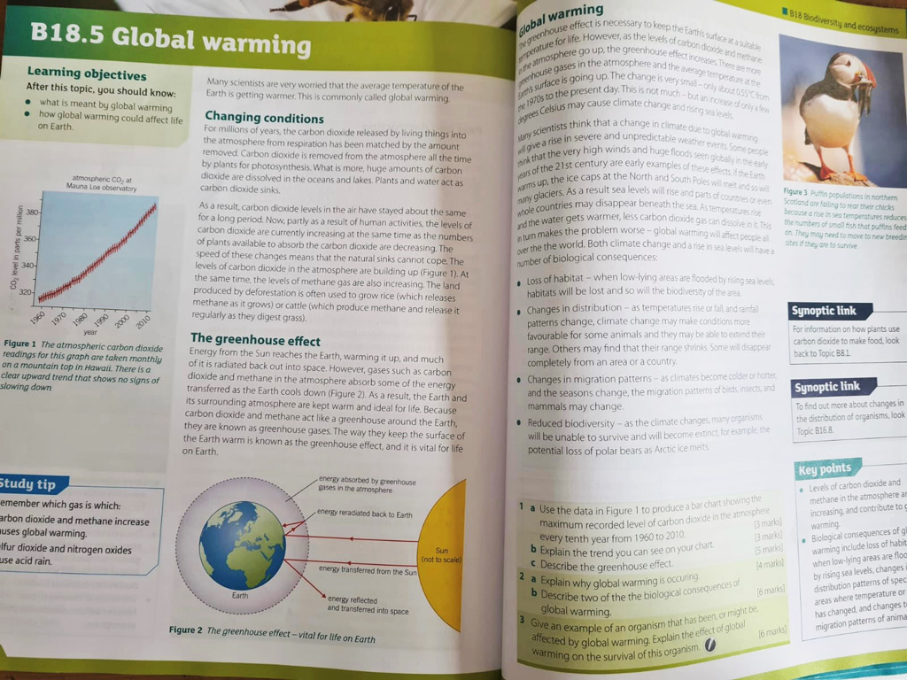 A page from a textbook used in UK schools to teach pupils about global warming