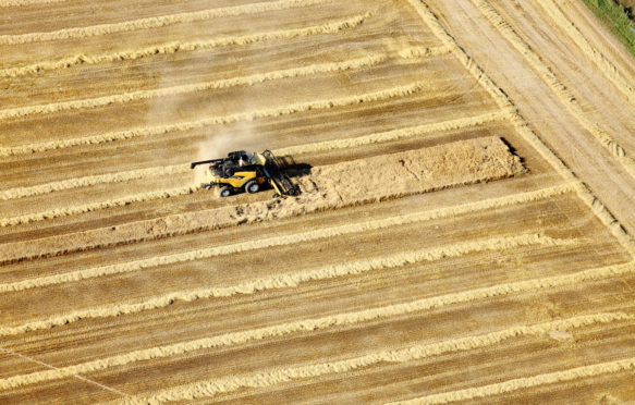 田野中农用机械的鸟瞰图收获小麦爱达荷州_en9mdw