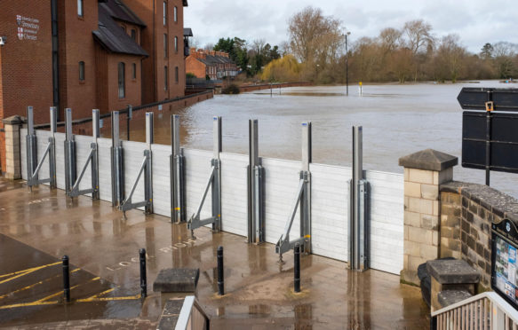 Flood barriers holding back the River Severn