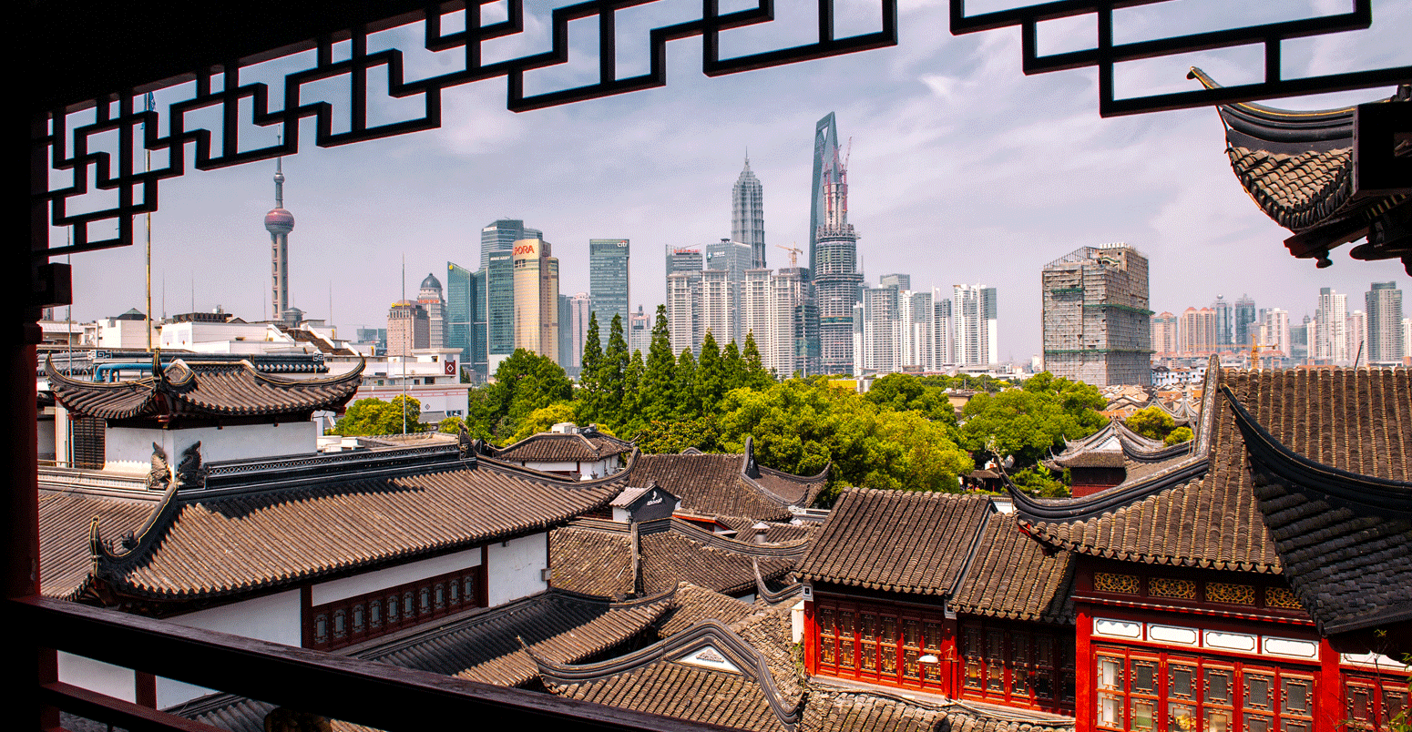 Old and modern China viewed from a tea house in old town, Shanghai