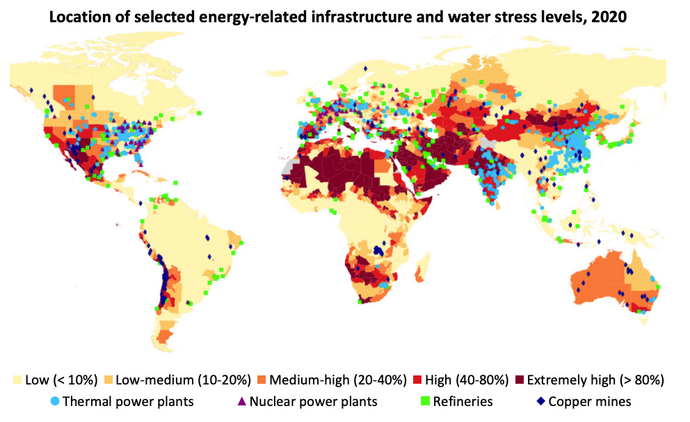 Selected energy-related infrastructure and water stress levels in 2020