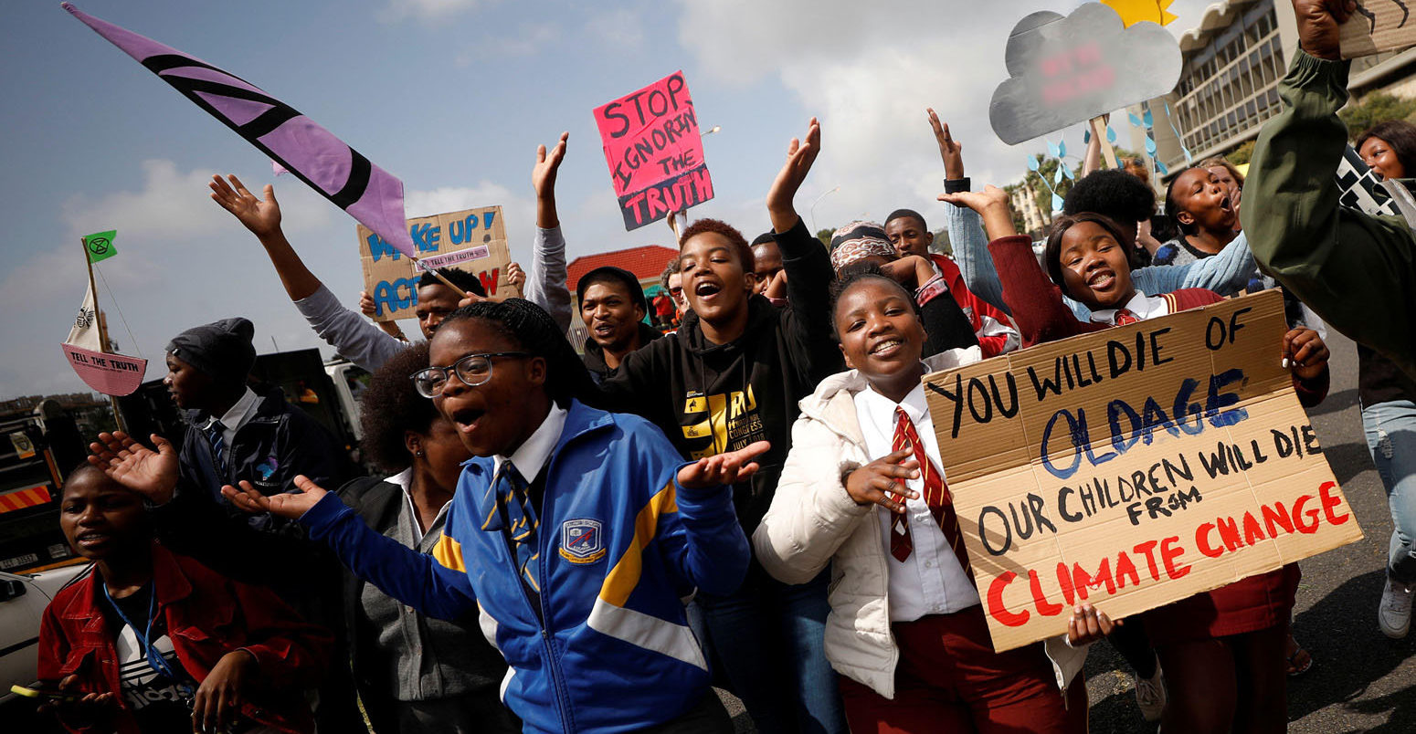 Young activists march as part of the Global Climate Strike of the movement Fridays for Future, in Cape Town. Credit: Reuters / Alamy Stock Photo.