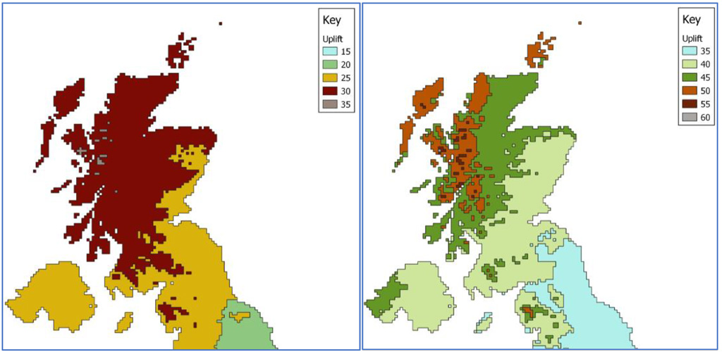 Gridded uplift factors for the northern UK for central and high projections for future rainfall.