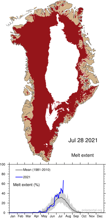 Map and graph showing surface melt in Greenland ice sheet