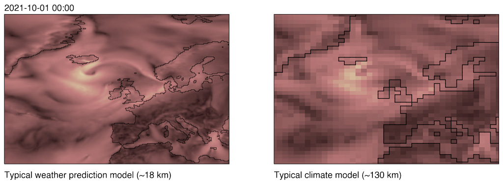 Figure comparing the resolution in a typical weather prediction model (left) and climate model (right)