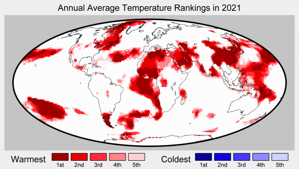 Regions of the world among the five warmest of five coolest on record for average annual temperatures in 2021