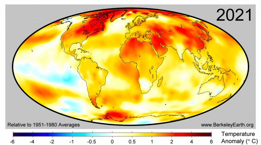 Surface temperature anomalies for 2021 from Berkeley Earth