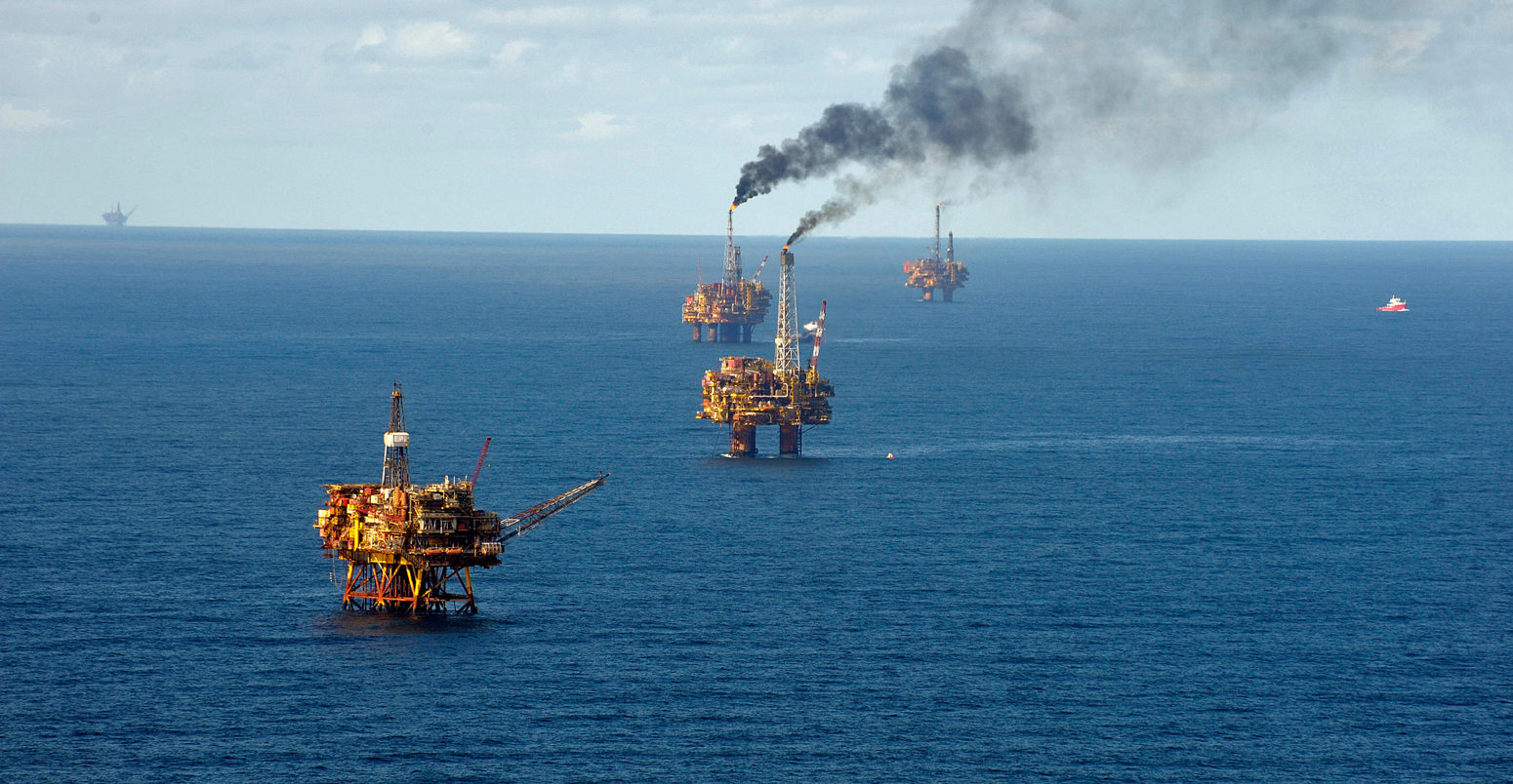 Oil platforms flaring in Brent Oil Field, North Sea