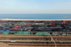 Drone picture showing a coal yard at a port in Rizhao city of Shandong province, northern China, on 2 February 2022. Credit: Oriental Image