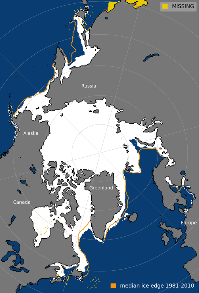 Arctic sea ice extent on February 25. Median sea ice edge for 1981-2010 is shown in yellow. Source: NSIDC