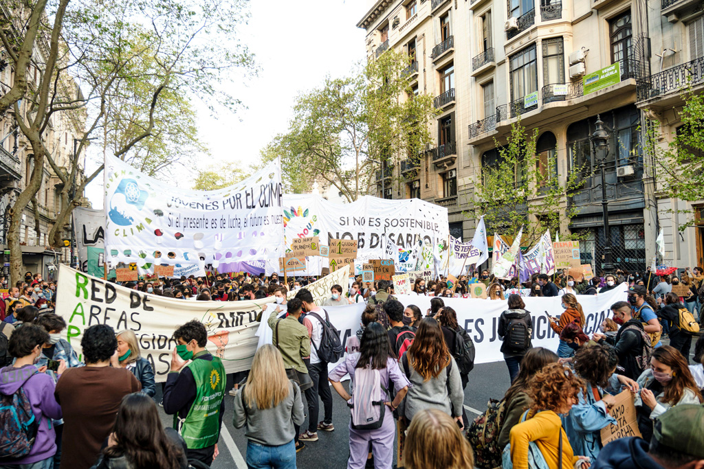 People marching during the Global Climate Strike in Caba, Argentina