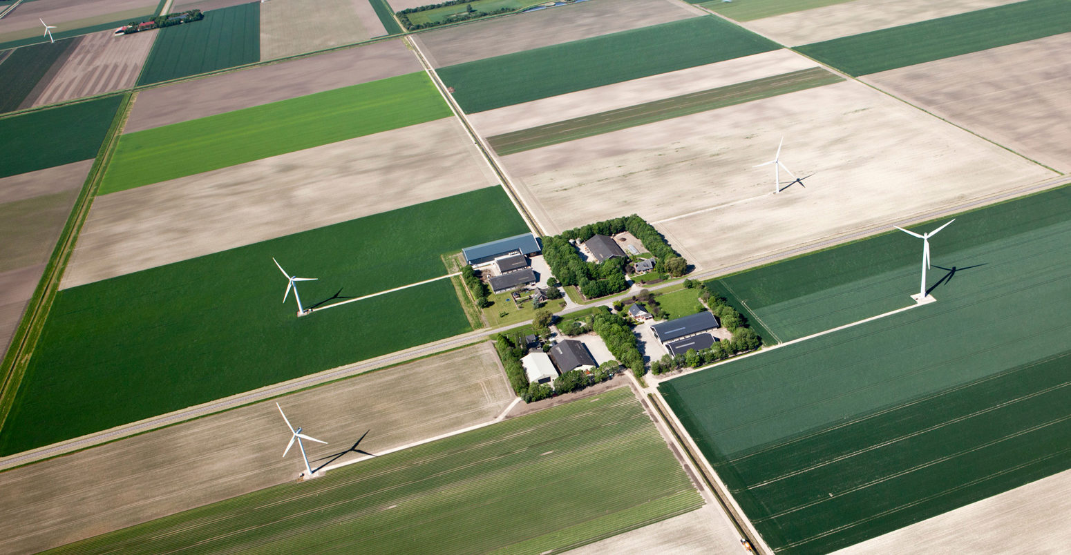 The Netherlands, Zeewolde, Farms and farmland in Flevopolder. Aerial.