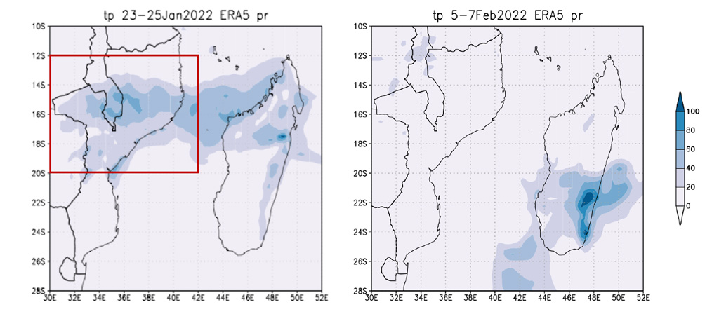 Accumulated rainfall from tropical storm Ana and tropical cyclone Batsirai in Mozambique and Malawi