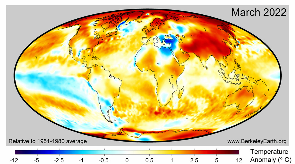 Distribution of global temperature anomalies in March 2022