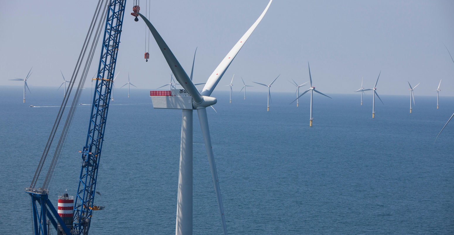 Duddon Sands offshore wind farm under construction in the Irish Sea, UK