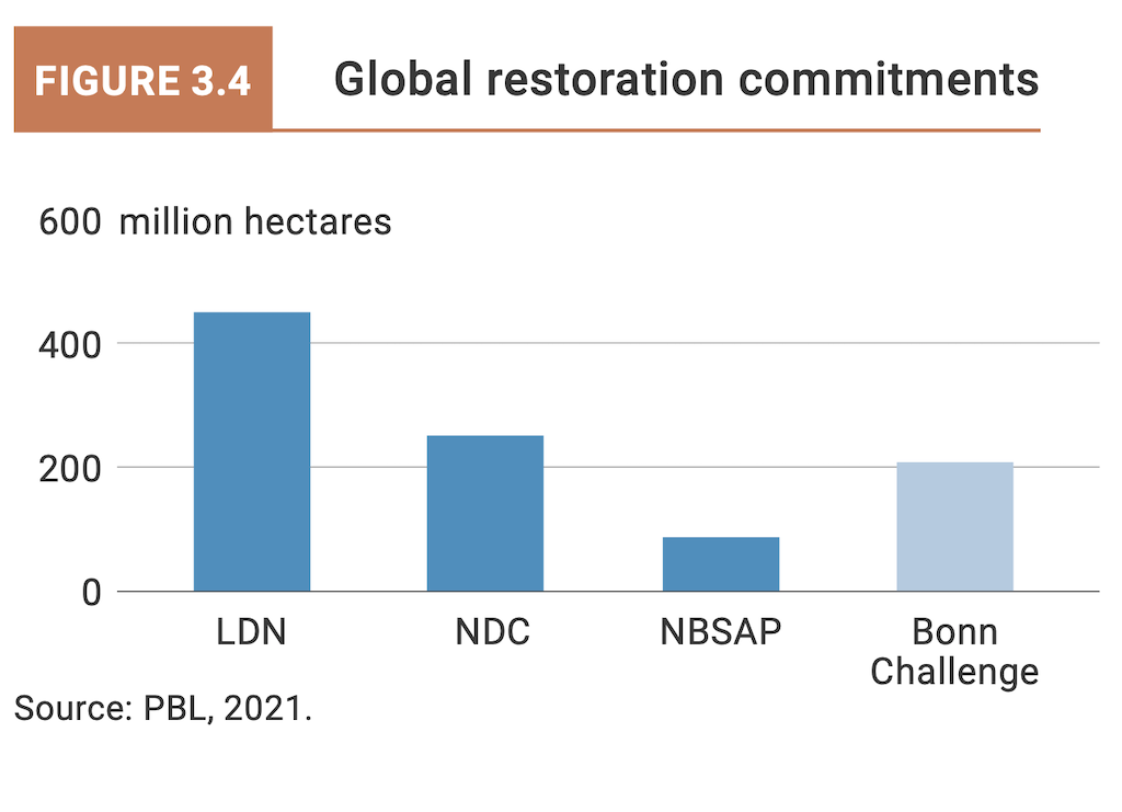 Global land restoration commitments under different UN conventions