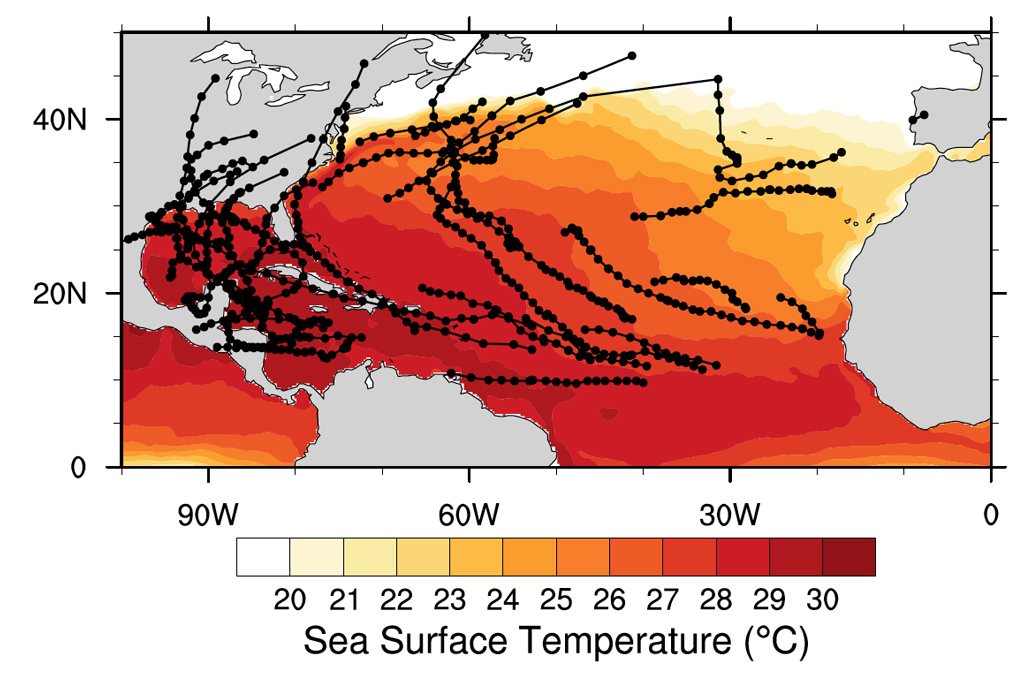 Observed hurricane tracks and sea surface temperatures for the North Atlantic