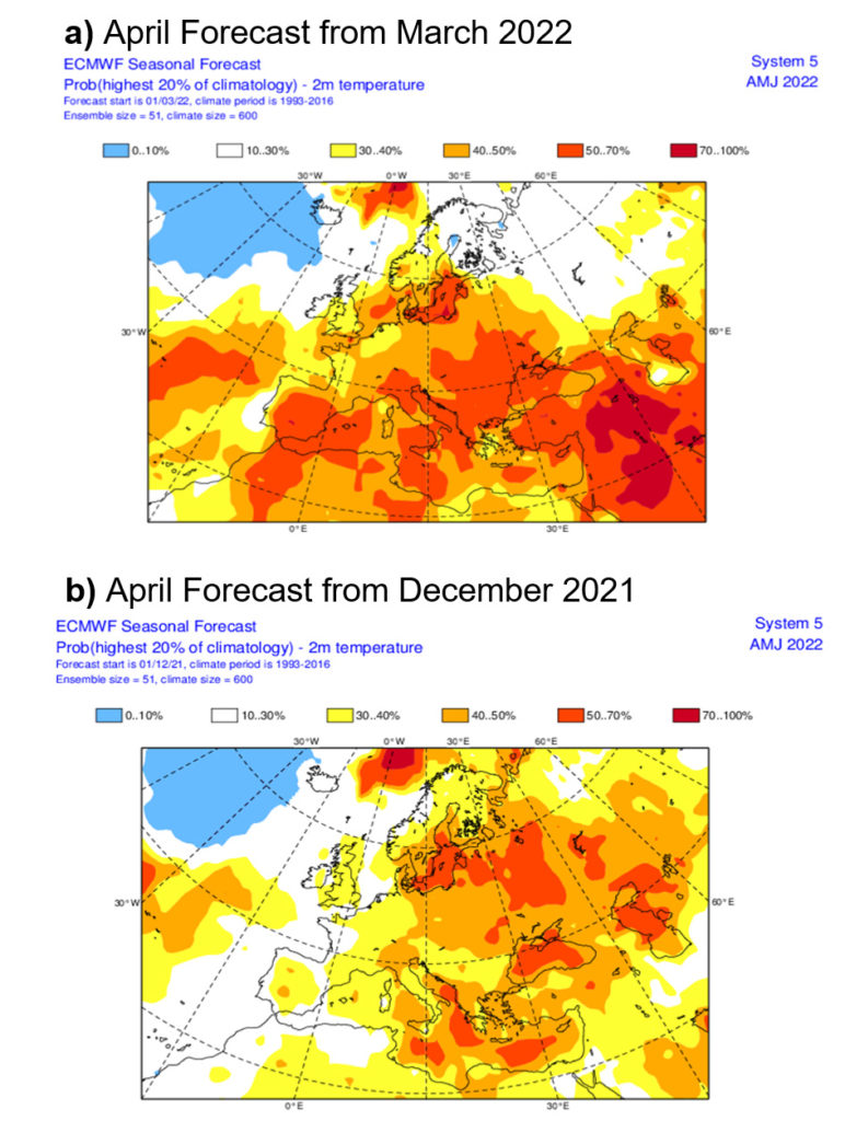 The ECMWF SEAS5 seasonal ensemble forecast of temperature for April 2022