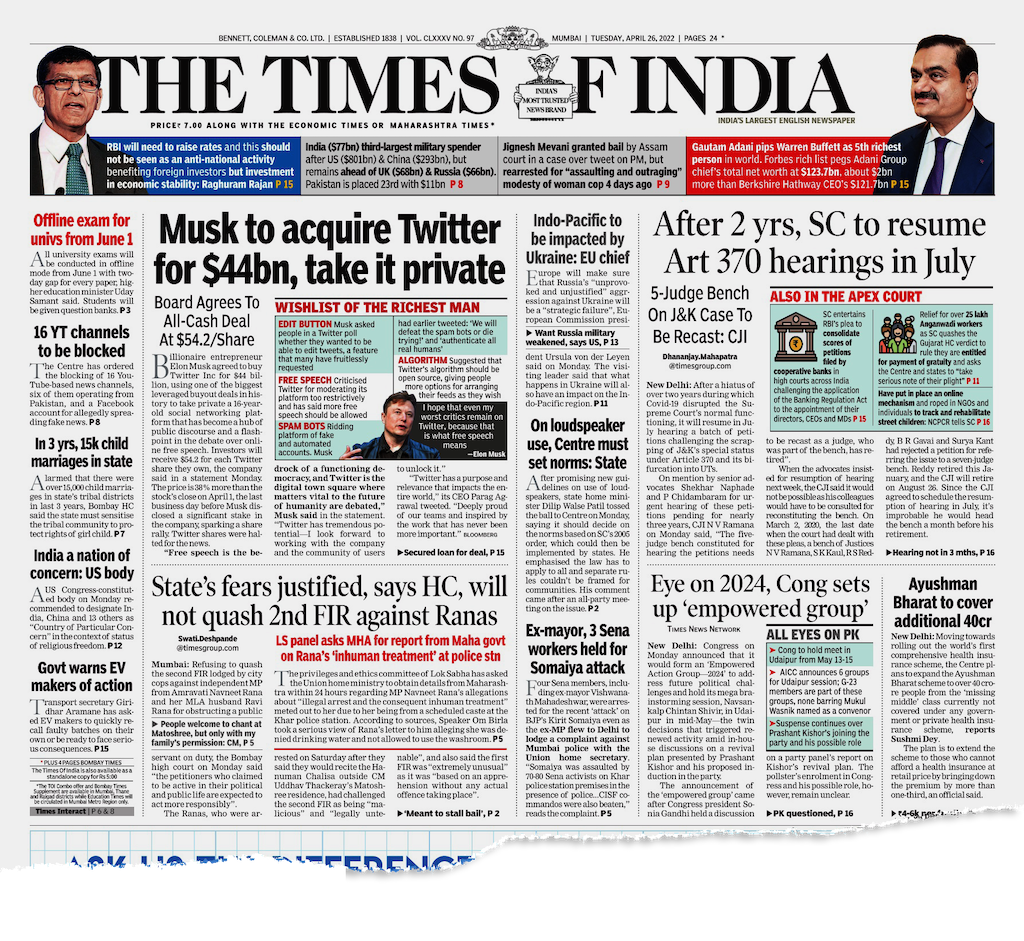Frontpage of The Times of Indias Mumbai edition on April 26, 2022