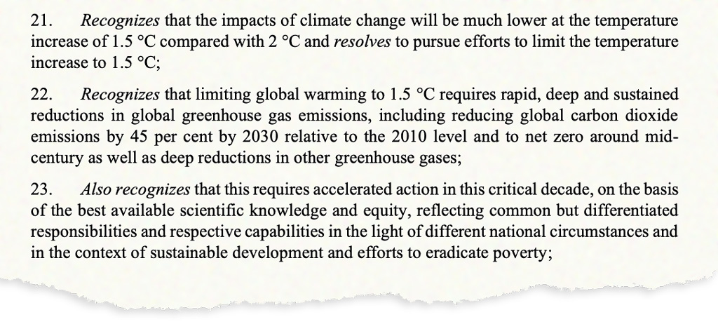 Glasgow Climate Pact text on 1.5 target and work programme