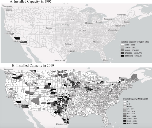 Installed wind power capacity in the US at a county level in 1995 and 2019