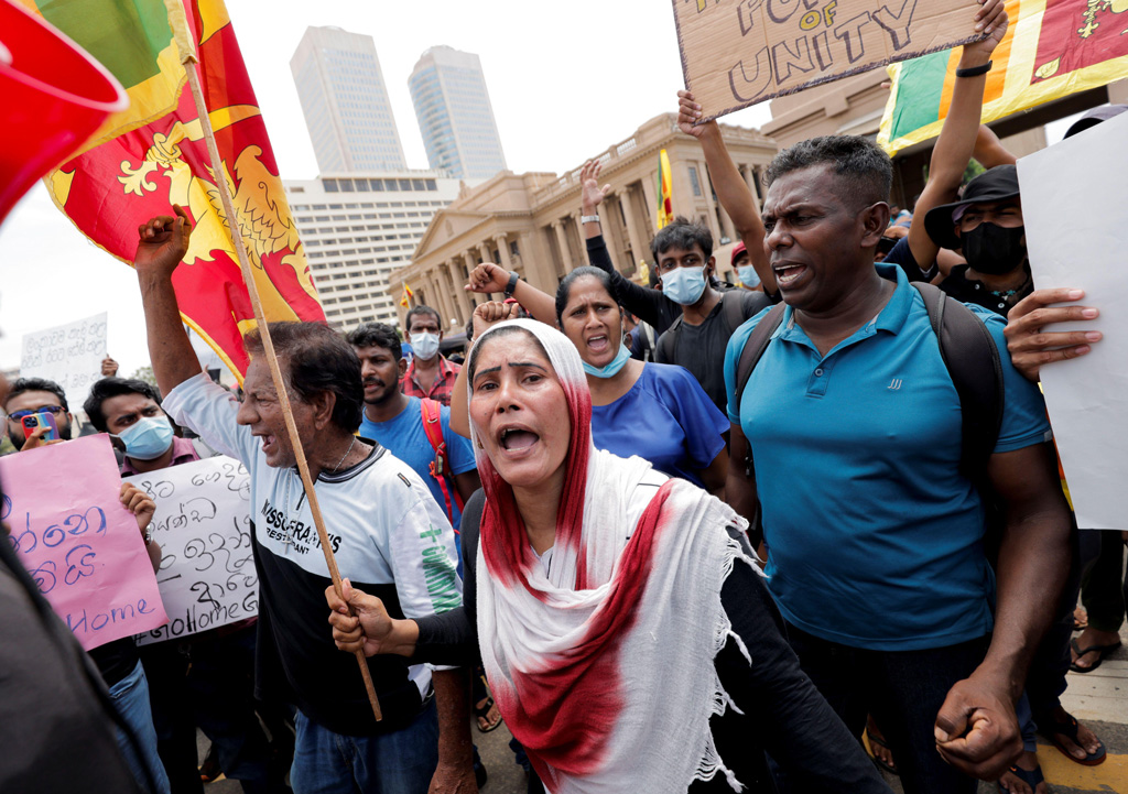 People shout slogans during a protests against Sri Lanka President Gotabaya Rajapaksa in April 2022