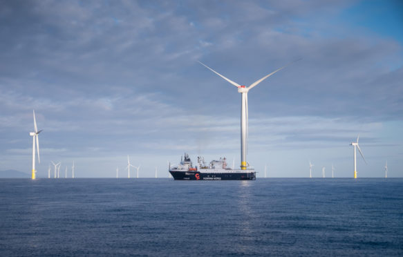Ship constructing Walney extension of the offshore wind farm in the Irish Sea
