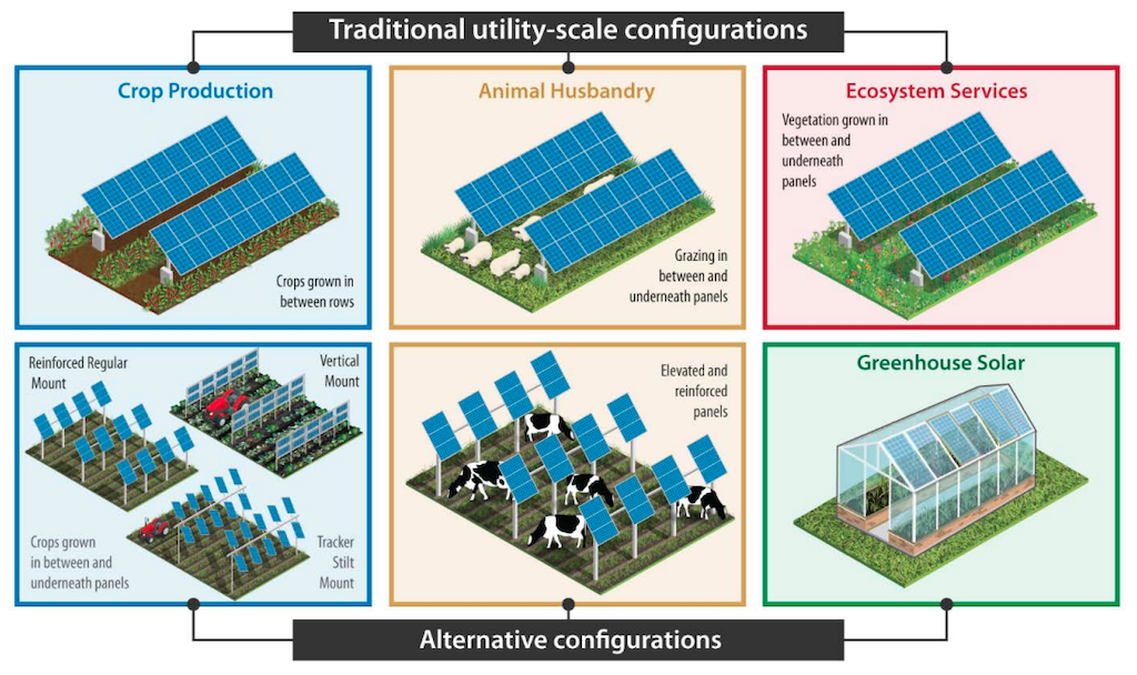 Diagram showing several types of agrivoltaic configurations. Source: Macknick et al. (2022).