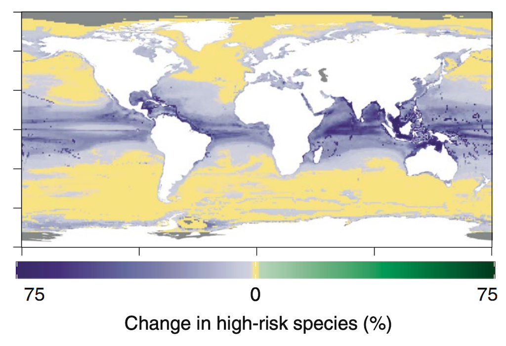 Map showing the change in high-climate-risk species between SSP5-8.5 and SSP1.2-6.