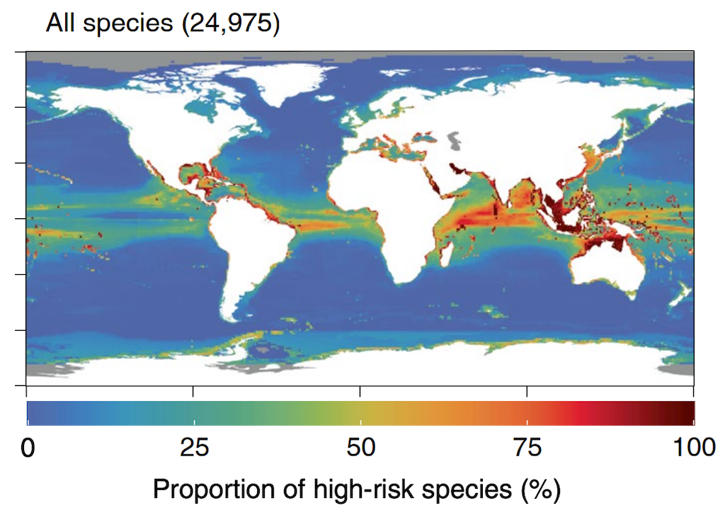 这一物种在高或关键的比例ate risk under SSP5-8.5 by 2100, where red shading indicates the worst-affected areas.