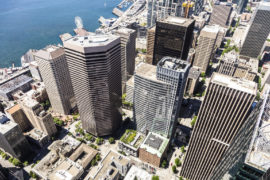 Aerial view of Seattle business and financial district in Washington, USA