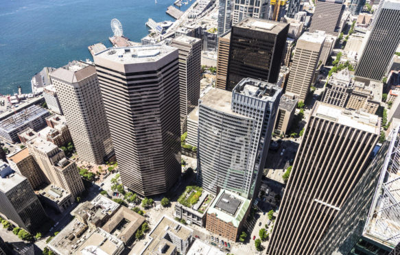 Aerial view of Seattle business and financial district in Washington, USA