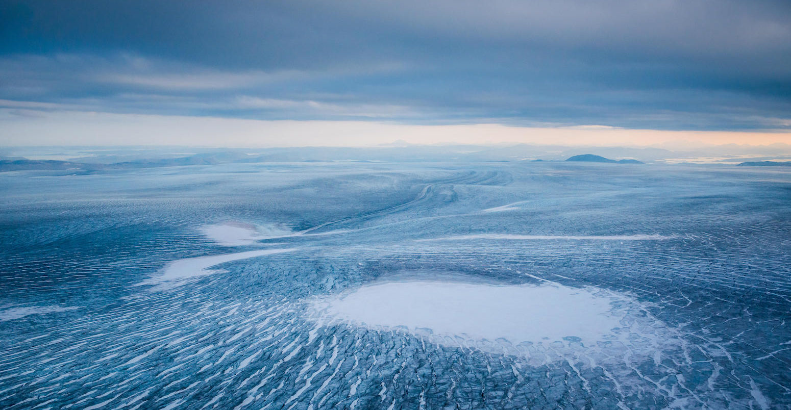 Aerial view of the ice sheet, Greenland. Credit: imageBROKER / Alamy Stock Photo.
