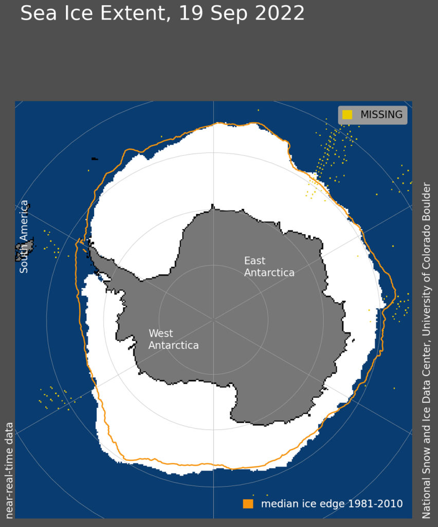 Antarctic sea ice extent, on 19 September 2022