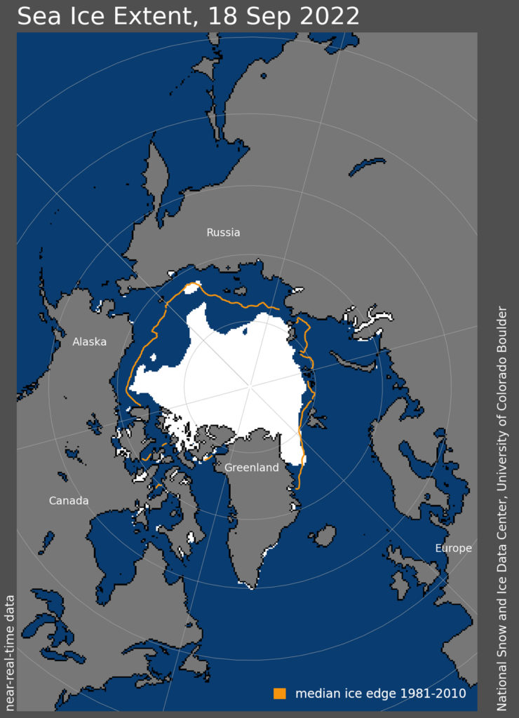 Arctic sea ice extent, on 18 September 2022