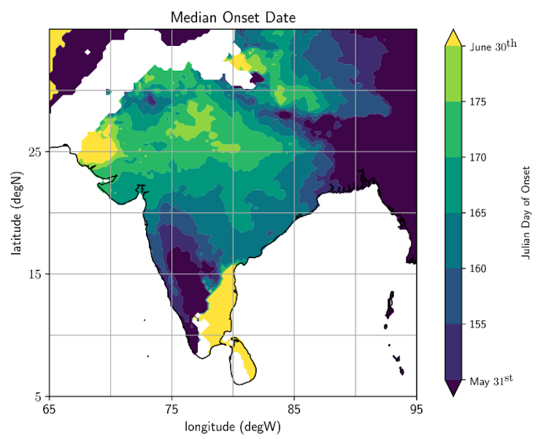 Map of median onset date on south Asian monsoon.
