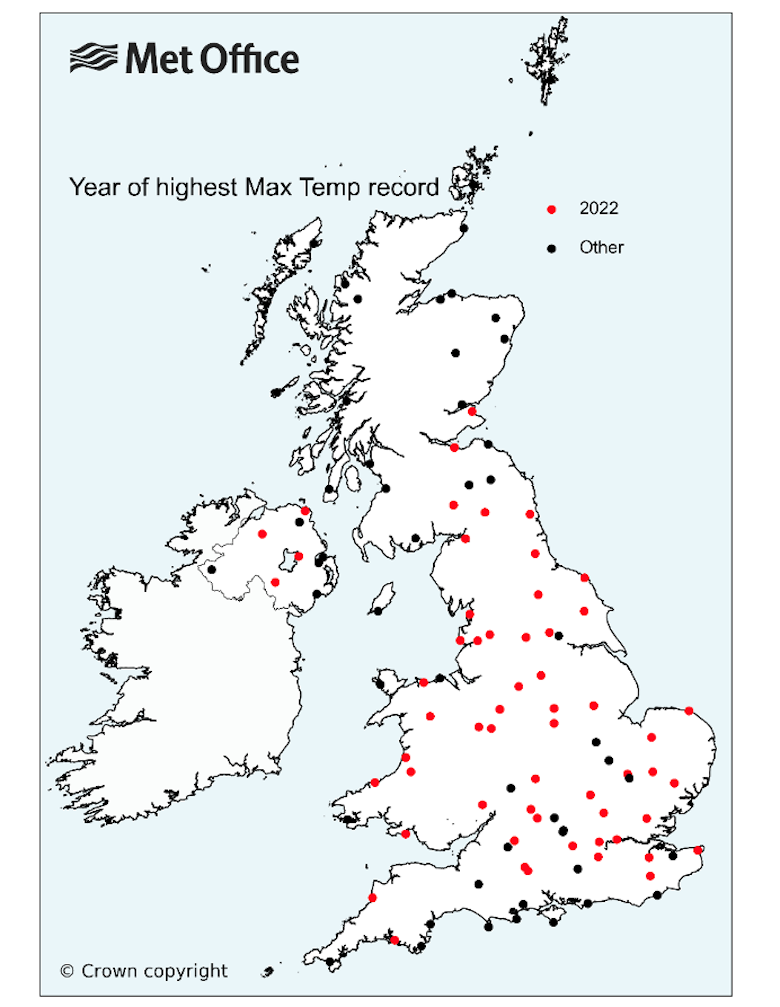 Map showing the locations of new high temperature station records set during summer 2022 (red dots), for stations that reported and have at least 50 years of observational record.