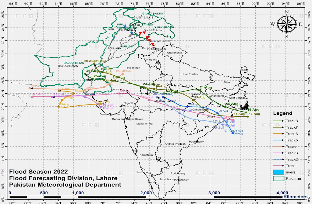 Movement of monsoon depressions from Bay of Bengal across India and Pakistan during the monsoon season 2022